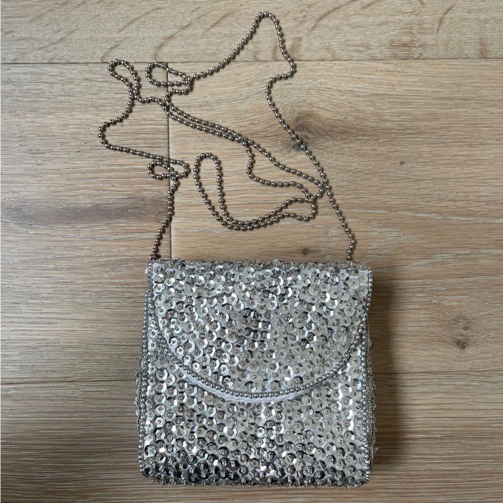 Vintage 90s Contempo Casuals Evening Silver Sequin Mini Purse Crossbody Bag - Picture 1 of 4
